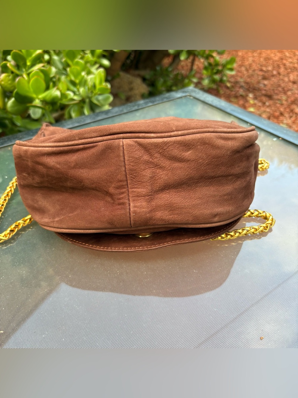 Vintage De Vecchi Italy Suede Crossbody Bag Brown Gold Chain Saddle Bag Luxe - Picture 5 of 6